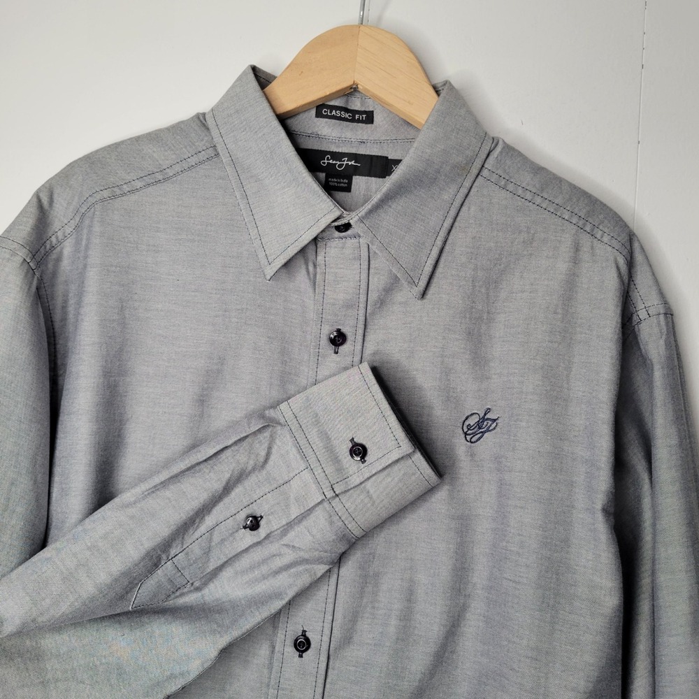 Sean John Classic Fit Mens Gray Long Sleeve Button Down Shirt XL Crest Logo‎